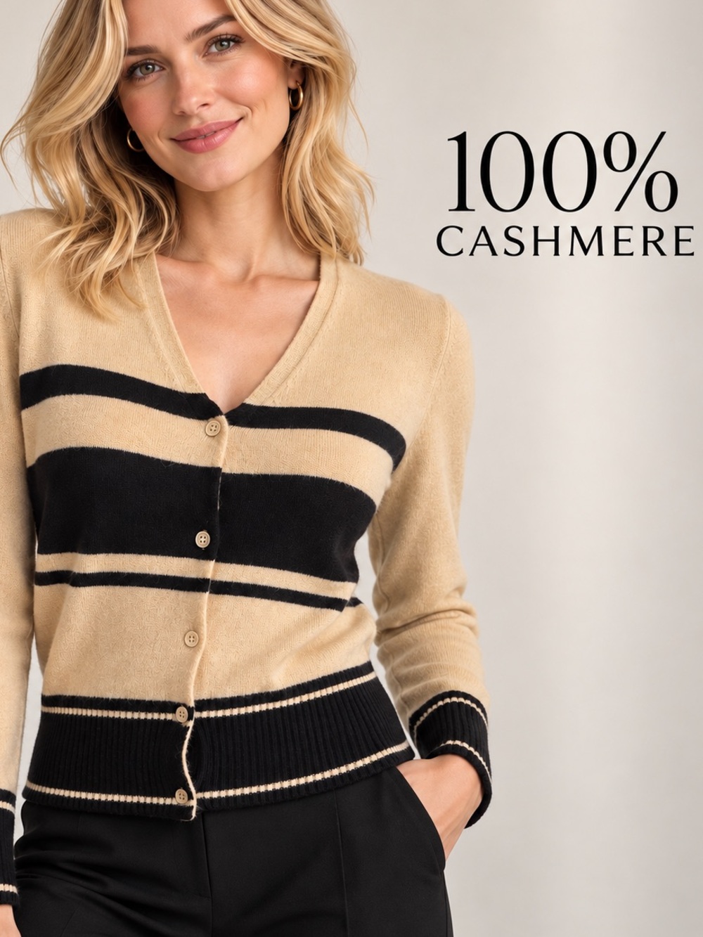 🌸Saks Fifth Beige & Black Stripe Cashmere V-Neck Cardigan Sweater size S Preppy